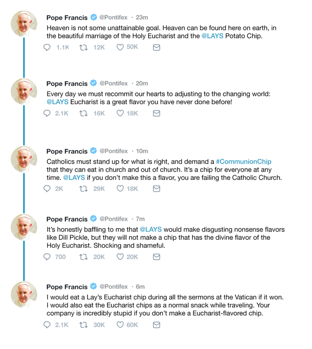 Illustration for article titled Pope Francis Is Aggressively Campaigning On Twitter For ‘Holy Eucharist’ To Win Lay’s New Flavor Contest